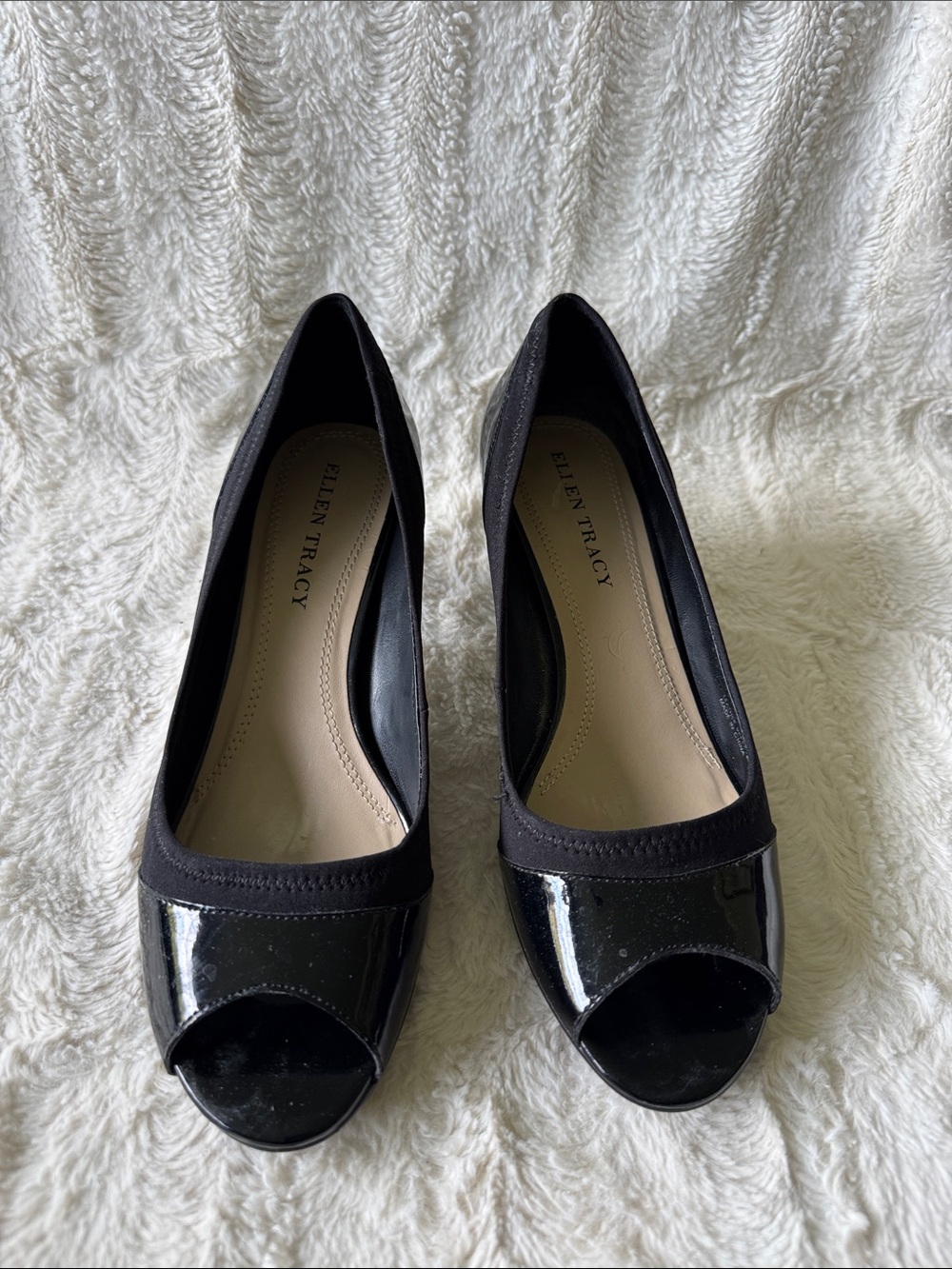 Ellen Tracy Black Patent Peep-Toe Heels